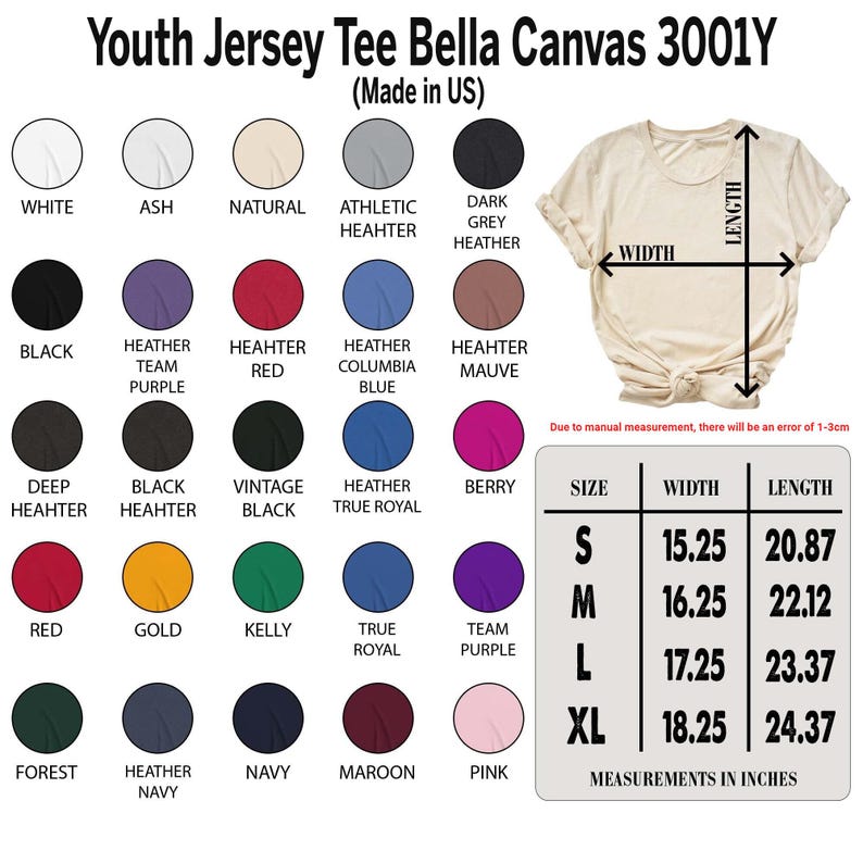 May include: A cream-colored youth jersey tee shirt from Bella Canvas 3001Y, with a size chart showing measurements in inches. The image also displays a color chart with various options like white, black, red, and navy.