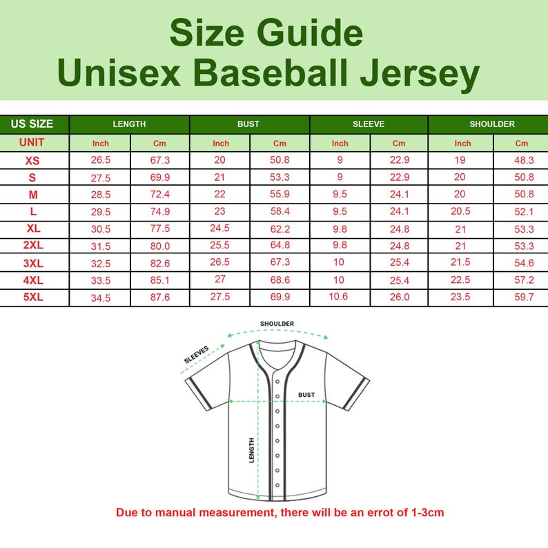 Puede incluir: Gu&iacute;a de tallas para una camiseta de b&eacute;isbol unisex, con medidas en pulgadas y cent&iacute;metros. La tabla incluye tallas XS a 5XL, detallando las dimensiones de largo, pecho, manga y hombro. Un diagrama ilustra los puntos de medici&oacute;n.