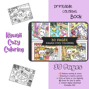 Kawaii Cozy Coloring, 30 Printable Coloring Pages for Kids, Teens & Adults – PDF Download, Relaxing Coloring Book, Anxiety Relief, Creative