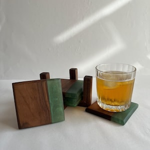 Luxury Resin and Wood Coasters – Square Handmade Drink Coaster Set – Optional Holder – Multiple Colors