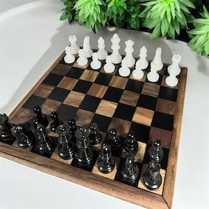 Handmade Walnut & Epoxy Chessboard: Small Resin Wood Chess Set