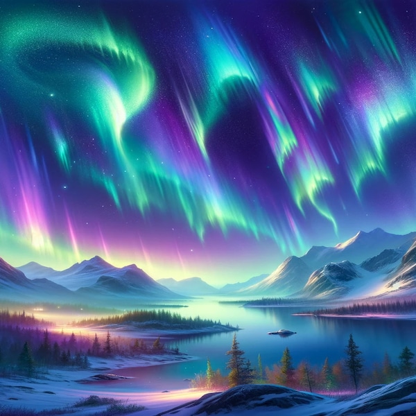 Printable Aurora Borealis Painting, Northern Lights Painting, Northern Lights Wall Art Digital Download, Aurora Borealis Art, Night Sky