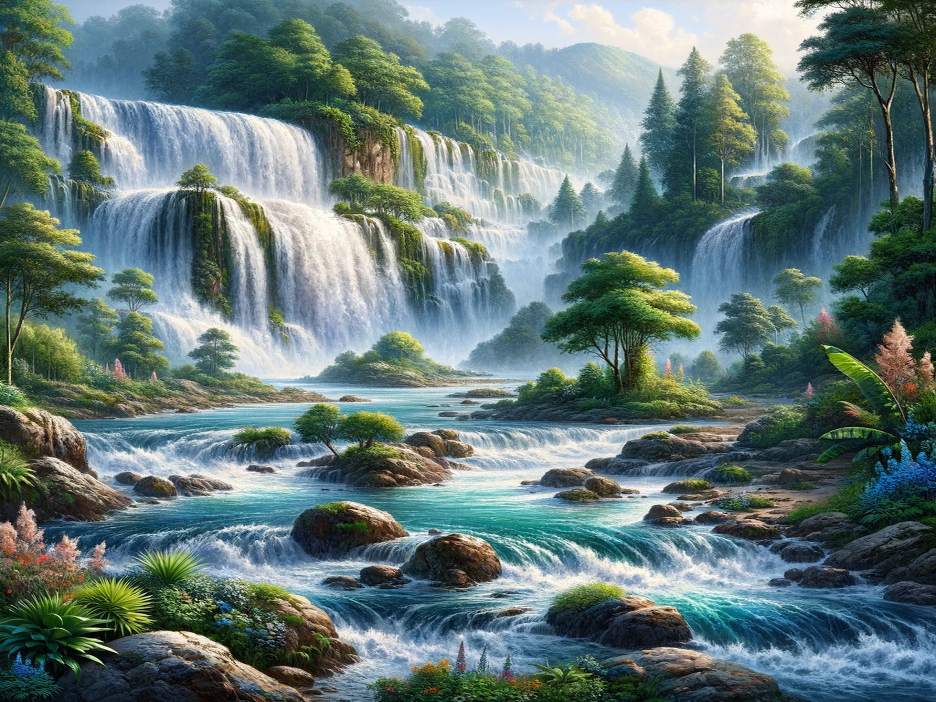 Printable Waterfall Painting, Waterfalls Art Print, Waterfall Wall Art