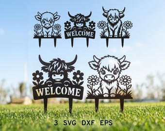Paquete de archivos SVG de estacas de jardín con vaca de las Tierras Altas, archivo de corte láser de vaca, decoración de césped, SVG de bienvenida para el jardín, decoración de jardín, archivo Xtool CNC Glowforge, digital
