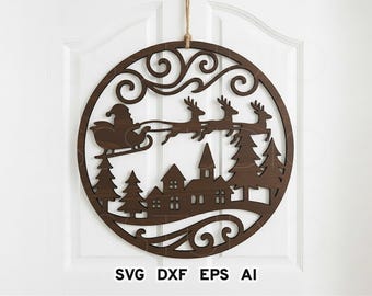 Letrero navideño de pueblo (Svg), reno en trineo de Papá Noel (Svg), percha redonda de pueblo invernal (Svg), decoración navideña de Glowforge, percha navideña para puerta (Svg)