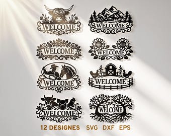 Paquete de archivos SVG de letreros de bienvenida estilo western, letrero de puerta con vaca de las Tierras Altas en formato SVG, colgador de puerta estilo granja en formato SVG, letrero de bienvenida Glowforge Laser Cut Silhouette Cricut
