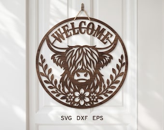 Letrero de bienvenida de vaca de las Tierras Altas, colgador de puerta de primavera SVG, vaca de las Tierras Altas SVG, archivo láser Glowforge, flor de vaca de las Tierras Altas SVG, letrero de bienvenida SVG DXF