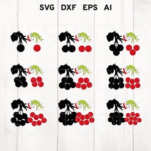 May include: Nine black and green Grinch hand ornaments with red berries. Each ornament features a Grinch hand holding a red berry. The ornaments are arranged in three rows of three.