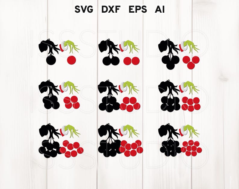 May include: Nine black and green Grinch hand ornaments with red berries. Each ornament features a Grinch hand holding a red berry. The ornaments are arranged in three rows of three.