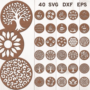Könnte beinhalten: Ein Satz von 40 SVG-, DXF-, EPS- und AI-Dateien für Laserschneidedesigns. Die Designs umfassen verschiedene Muster, wie Bäume, Blumen, Kaffeetassen und geometrische Formen. Die Designs eignen sich perfekt für die Herstellung von Untersetzern, Wandkunst oder anderen Dekorationsartikeln.