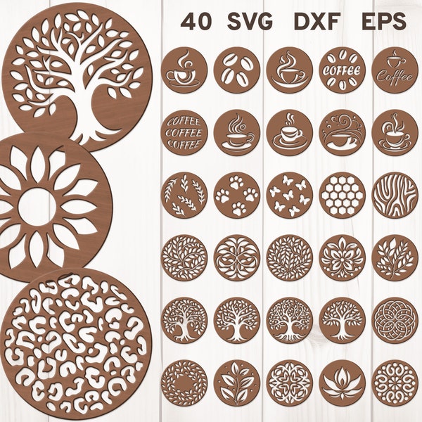 Round Coffee Tea Coaster svg, Coffee Coaster Laser Cut File, Coaster Bundle svg, Wood Coaster dxf, Floral Tree Coffee Coaster svg