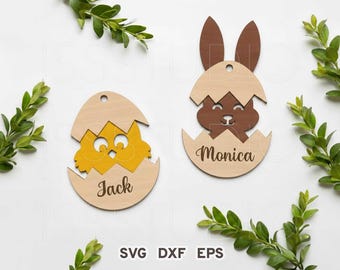 Etiquetas de Pascua de conejito y pollo Svg, etiquetas de nombre Svg, adornos de Pascua Svg, adorno de conejito lindo Svg, percha de Pascua Svg, huevo de Pascua cortado con láser