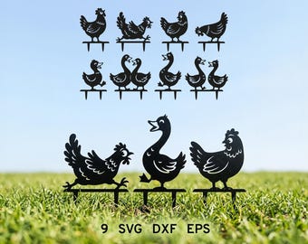 Chicken Goose Duck Garden Stakes Svg Bundle, Garden Laser Cut File, Chicken Grass Decor, Welcome Yard Svg, Goose Svg, Xtool Cnc Glowforge