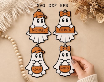 Pacchetto di file SVG per etichette a forma di fantasma per cestini, etichette per cestini di Halloween, file per taglio laser per sacchetti di dolcetto o scherzetto, fantasmini carini per Glowforge xTool Cricut