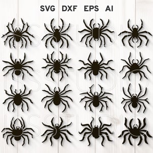 Könnte beinhalten: Ein Set mit 16 schwarzen Spinnen-Silhouetten, perfekt zum Basteln und Dekorieren für Halloween. Die Spinnen sind in verschiedenen Posen und Größen, einige mit dem Gesicht nach vorne und andere seitwärts.