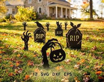 Pacchetto di SVG "Mani di Zombie" per paletti da giardino, decorazioni per erba a forma di lapide, taglio laser da giardino, SVG per benvenuto di Halloween, lapide, Xtool CNC Glowforge