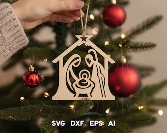Adorno de Natividad SVG, Archivo de corte láser de la Sagrada Familia para Navidad, Decoración navideña religiosa SVG, Adorno Glowforge, Diseño digital navideño