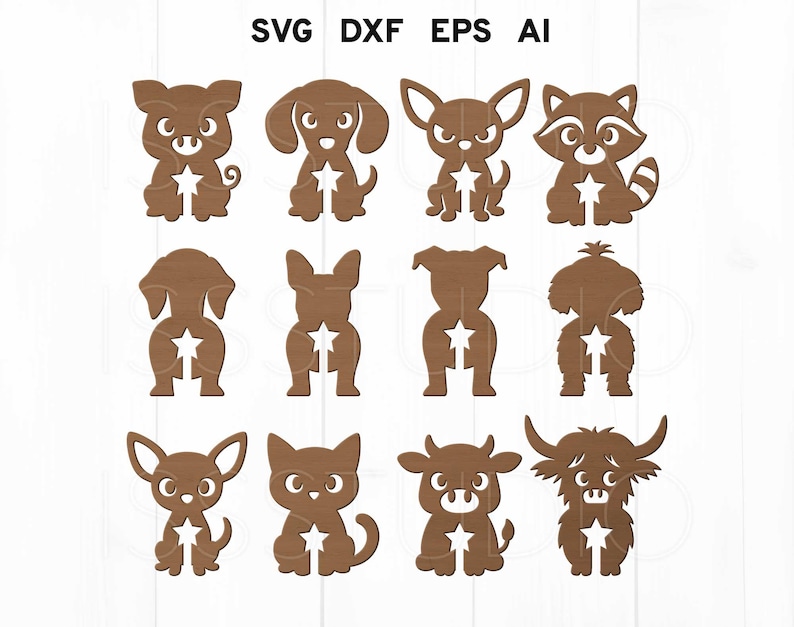 Op de afbeelding: Bruine houten dierenuitsparingen, waaronder een varken, een hond, een chihuahua, een wasbeer en anderen. Elke uitsparing heeft een stervormige uitsparing in het midden. De tekst "SVG DXF EPS AI" is ook inbegrepen.