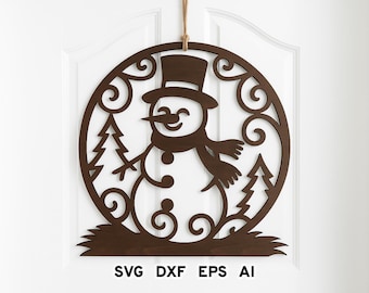 Letrero navideño de muñeco de nieve para puerta (SVG), colgador redondo de invierno (SVG), archivo cortado con láser de muñeco de nieve navideño, decoración navideña Glowforge, letrero festivo para puerta (SVG)