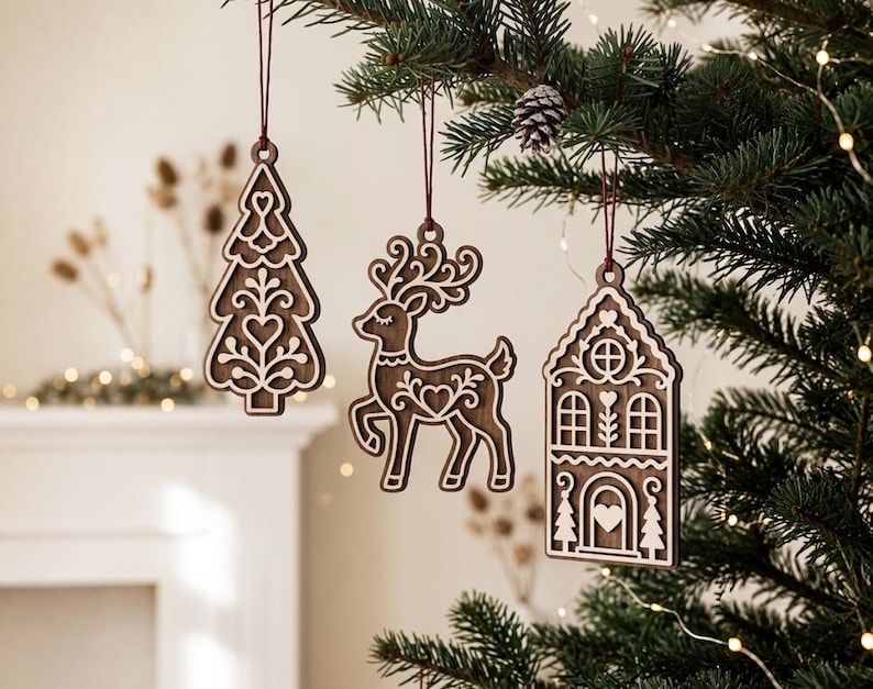 May include: Three dark brown wooden ornaments hanging from a tree. The ornaments feature intricate laser-cut designs including a stylised Christmas tree, a reindeer with large antlers, and a house with windows and a door, all suspended by thin red strings.