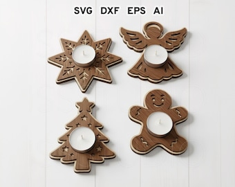 Paquete SVG de portavelas navideños, SVG de pan de jengibre con estrella y árbol de ángel, SVG de vela de té navideña, Archivo de corte láser Glowforge, SVG festivo