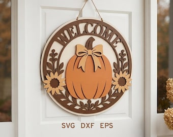 Cartello di benvenuto a forma di zucca in formato SVG, Cartello di benvenuto autunnale, Ciao autunno SVG, Autunno Gowforge SVG, Appendi porta SVG, Decorazione zucca SVG, Ringraziamento SVG