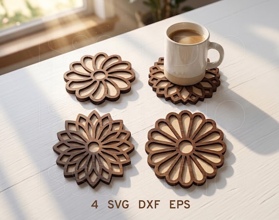 Floral Coffee Tea Coaster svg, Round Coffee Coaster Laser Cut File, Coaster Bundle svg, Wood Coaster dxf, Flower Pattern Coasters, Xtool