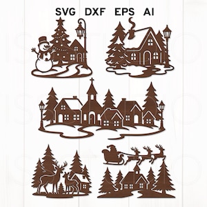 Christmas Village Scene Svg Bundle, Santa Sleigh and Snowman Svg, Winter Scene Svg, Glowforge Christmas Decor, Laser Cut File, Xmas Ornament
