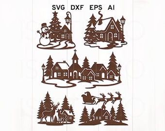 Paquete SVG de escena de pueblo navideño, trineo de Papá Noel y muñeco de nieve, escena invernal, decoración navideña Glowforge, archivo cortado con láser, adorno navideño