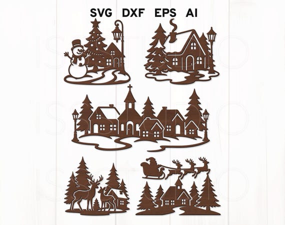 Christmas Village Scene Svg Bundle, Santa Sleigh and Snowman Svg, Winter Scene Svg, Glowforge Christmas Decor, Laser Cut File, Xmas Ornament