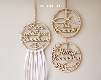 Percha de puerta de primera comunión Svg, Archivo de corte láser cristiano, Erstkommunion Deko, Kranz zur Kommunion, Laserschneiden Türkranz, Laserschneiden