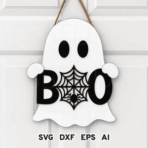 May include: A white wooden ghost-shaped Halloween door sign with the word "BOO" in black letters. The "O" is a spider web with a spider. The sign hangs from a brown string. The bottom of the sign has the text "SVG DXF EPS AI".