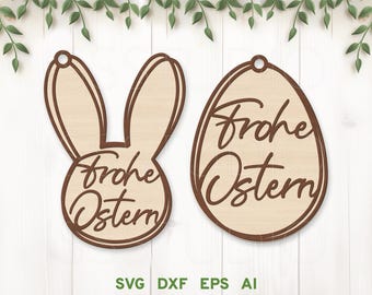 Frohe Ostern Laser Cut File, Easter Ornament svg, Easter Rabbit Ears svg, Easter Bunny svg, Frohe Ostern Svg, Digital File svg, dxf, ai, eps
