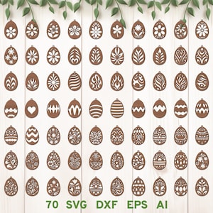 Op de afbeelding: Set van 70 SVG, DXF, EPS en AI bestanden voor het lasersnijden van paasei-ontwerpen. De ontwerpen bevatten verschillende patronen, waaronder bloemen, geometrische en abstracte.
