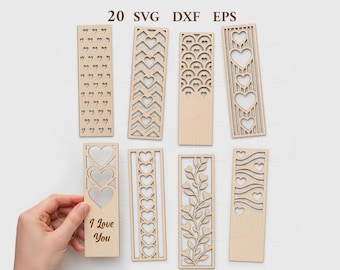 Paquete de marcapáginas SVG cortados con láser para San Valentín, diseños de marcapáginas con forma de corazón, marcapáginas con motivos de amor, archivo láser Glowforge, archivos SVG, DXF y EPS.