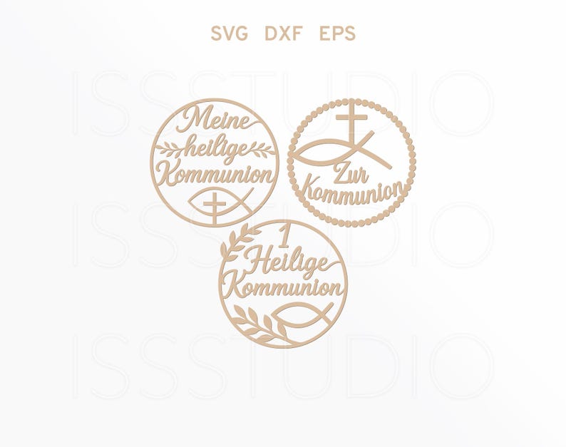 May include: Three laser-cut wooden circular designs with religious symbols and German text. Each circle features a different design: a fish with a cross, a cross with a fish, and a number 1 with a fish. The text includes "Meine heilige Kommunion" and "Zur Kommunion".