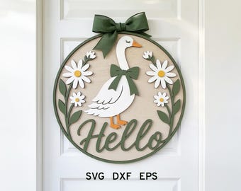 Hello Goose Door Hanger svg, insegna estiva per la porta, file laser Glowforge primaverile, decorazioni primaverili, Frühling Fenster Deko, Goose Floral Door Hanger