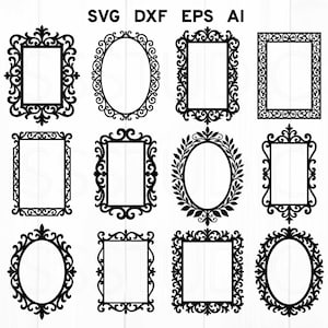 May include: A collection of twelve black decorative frames in various shapes, including rectangular and oval designs. The frames feature ornate, swirling patterns and are presented against a white background. The image also includes the text "SVG DXF EPS AI".