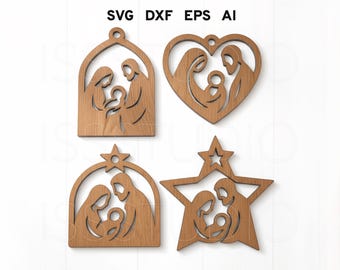 Paquete SVG de pesebre, adorno SVG de la Sagrada Familia, archivo cortado con láser religioso, SVG Glowforge navideño, decoración navideña de pesebre