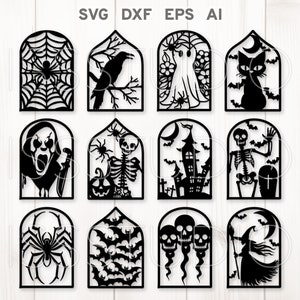 May include: Set of 12 black and white Halloween themed SVG cut files. The designs include a spider web, a crow, a ghost, a cat, a screaming ghost, a skeleton, a haunted house, a skeleton with a tombstone, a spider, bats, three skulls, and a witch with a broom.