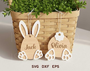 Etiquetas de conejito de Pascua SVG, trasero de conejito SVG, adornos de Pascua SVG, adorno de conejito lindo SVG, percha de Pascua SVG DXF, archivos de corte láser de huevos de Pascua