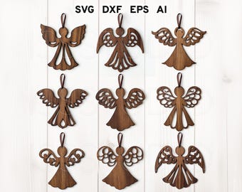 Сute Angels Christmas Ornament Svg, Angel Ornament Bundle, Christian Decor Laser Cut File, Angel Wings Svg, Christmas Glowforge Decor Svg