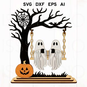 May include: A Halloween-themed wooden decoration featuring a black tree with a spider web and bat, a carved orange pumpkin, and two white ghosts on a swing. The text "SVG DXF EPS AI" is at the top.