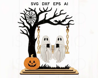 Fantasma sull'altalena tagliato al laser SVG, decorazione di Halloween SVG, taglio laser 3D SVG, coppia di fantasmi SVG, fantasma Glowforge, artigianato di Halloween Glowforge, digitale
