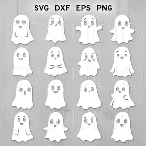 May include: A collection of white ghost cutouts with various facial expressions. The image includes the text "SVG DXF EPS PNG" at the top. The ghosts have different eye and mouth shapes, some with arms, and are arranged on a light gray background.
