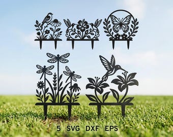 Paquete de archivos SVG de estacas de jardín con colibríes, archivo de corte láser para jardín, decoración de césped con mariposas, SVG de bienvenida para el jardín, SVG de libélula, Xtool CNC Glowforge