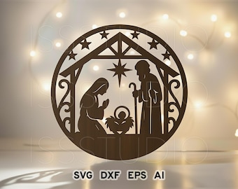 Letrero navideño para puerta de la Natividad (Svg), Sagrada Familia, Archivo redondo cortado a láser, Decoración navideña religiosa (Svg), Colgador de puerta Glowforge, Escena de Belén