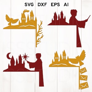 May include: Four different corner designs featuring a silhouette of Hogwarts castle, a bird, and a wizard with a wand. The designs are in red and gold.