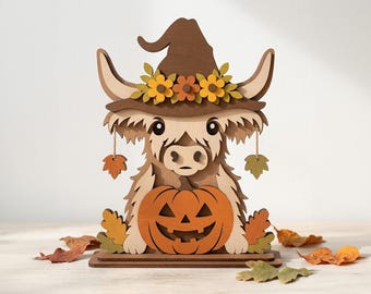 SVG per taglio laser di mucca delle Highlands per Halloween, SVG per decorazioni di Halloween, SVG per taglio laser 3D, SVG per decorazione mensola a forma di mucca delle Highlands, Glowforge per Halloween, Xtool CNC