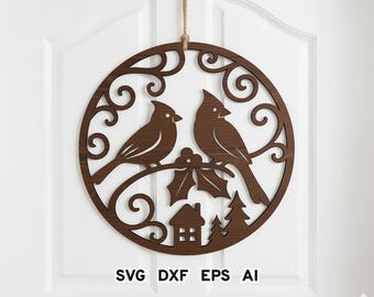 Letrero de puerta de cardenal (Svg), colgador redondo de invierno (Svg), archivo cortado a láser de pájaro navideño, decoración navideña (Svg) de Glowforge, letrero festivo de puerta (Svg)